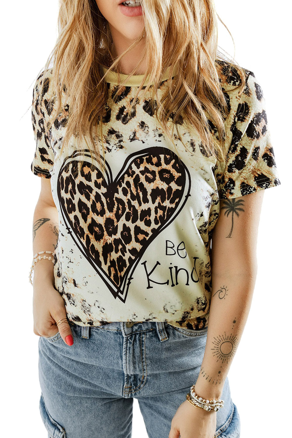Leopard Be Kind Heart Graphic Print T Shirt